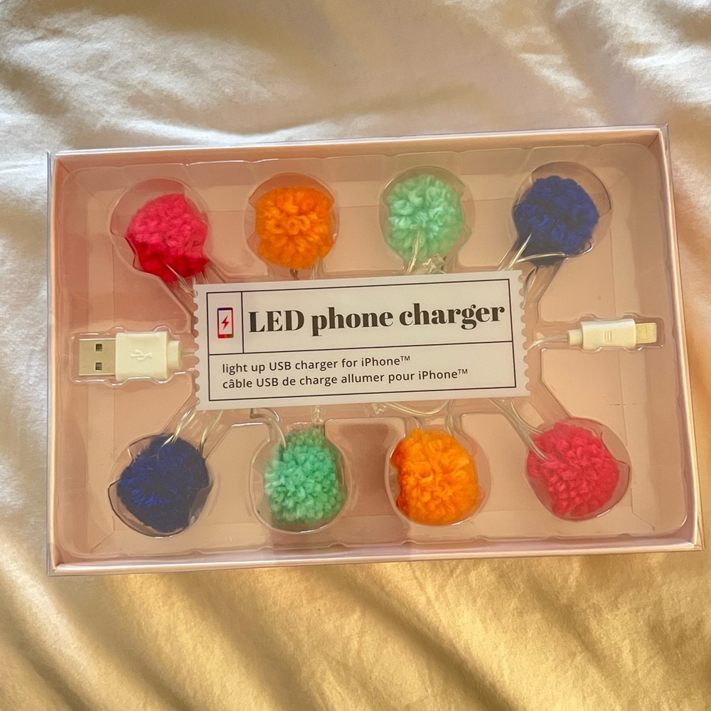 46" LED Pom Pom Phone Charger USB Cable - brand new!